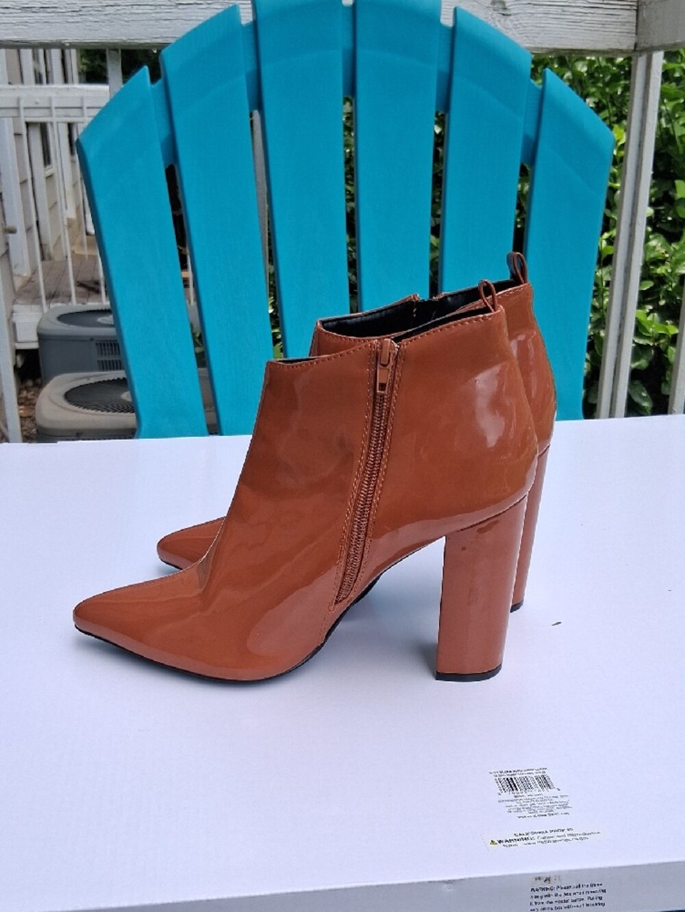 Patent Leather Pointed Toe Block Heel Ankle Boots - Tan - Picture 5 of 6